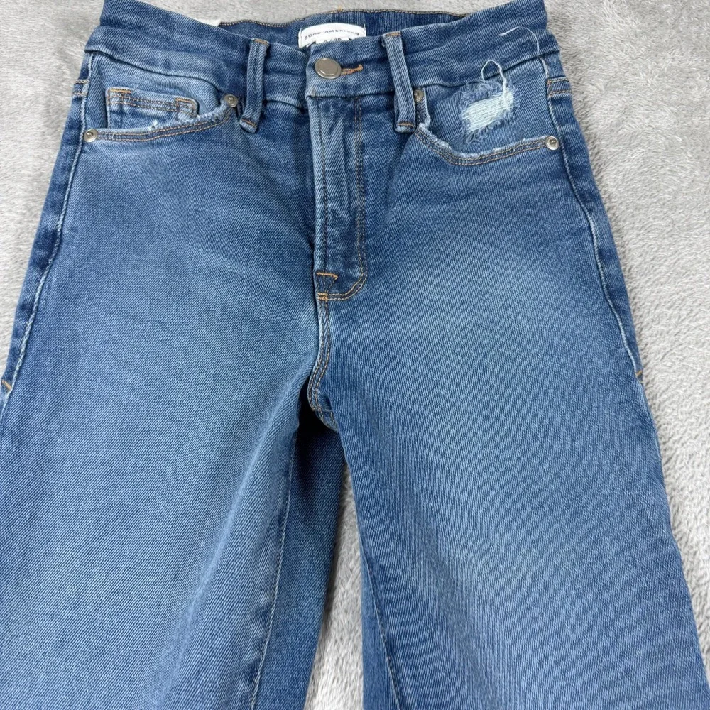 Good American Good Legs Flare Jeans Women 0/25 Blue Mid Rise Distressed NWT